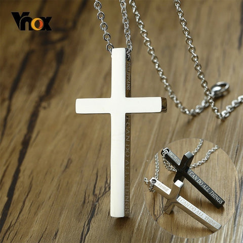 Vnox Unique Side Engraved Bible Cross Pendant Philippians I CAN DO ALL THINGS Necklace for Women Men Stainless Steel Jesus Jewel