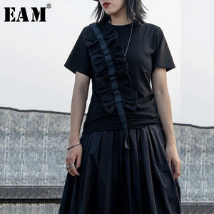 [EAM] Women Black Bow Split Joint Temperament T-shirt New Round Neck Short Sleeve  Fashion Tide  Spring Summer 2020 1W247