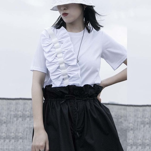 [EAM] Women Black Bow Split Joint Temperament T-shirt New Round Neck Short Sleeve  Fashion Tide  Spring Summer 2020 1W247