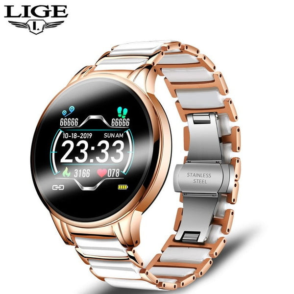 LIGE New Luxury Smart watch Women Heart Rate Blood Pressure Sport Multi-function For IOS Android Ceramic Strap Ladies Smartwatch