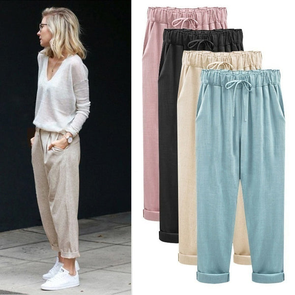 ZOGAA Women Harem Pants Casual Ankle Length Trousers Solid Elastic Waist Cotton Linen Pants Harem Loose Pants Big Size S-6XL