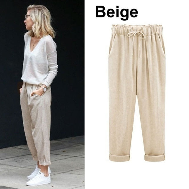 ZOGAA Women Harem Pants Casual Ankle Length Trousers Solid Elastic Waist Cotton Linen Pants Harem Loose Pants Big Size S-6XL