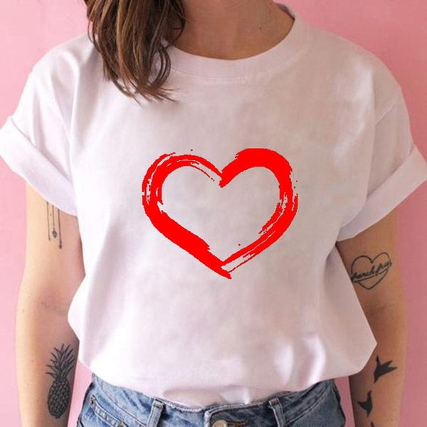 Women T-shirts with Hearts Casual Harajuku Print T-shirts Summer Women Short Sleeve Female T-shirts Vogue Women T-shirts Clothes