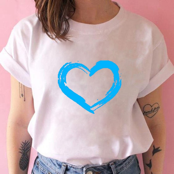 Women T-shirts with Hearts Casual Harajuku Print T-shirts Summer Women Short Sleeve Female T-shirts Vogue Women T-shirts Clothes