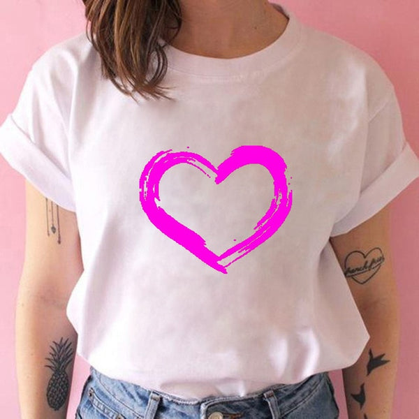 Women T-shirts with Hearts Casual Harajuku Print T-shirts Summer Women Short Sleeve Female T-shirts Vogue Women T-shirts Clothes