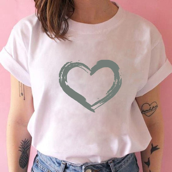 Women T-shirts with Hearts Casual Harajuku Print T-shirts Summer Women Short Sleeve Female T-shirts Vogue Women T-shirts Clothes