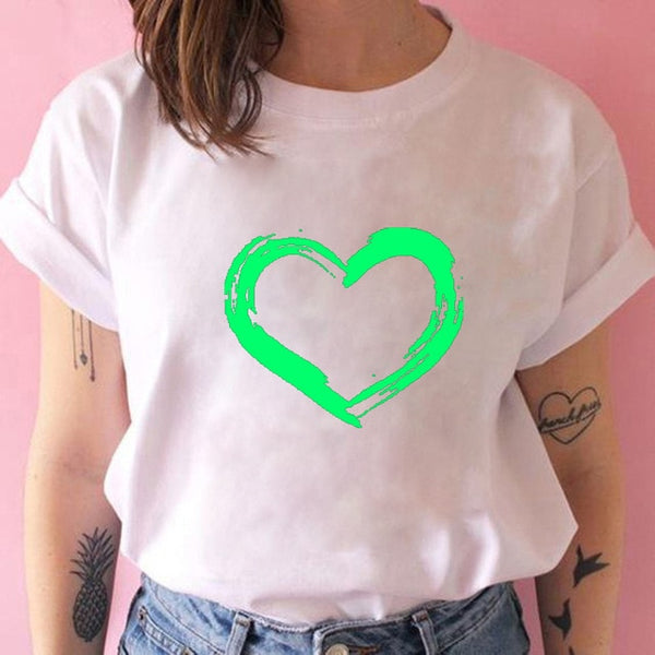 Women T-shirts with Hearts Casual Harajuku Print T-shirts Summer Women Short Sleeve Female T-shirts Vogue Women T-shirts Clothes