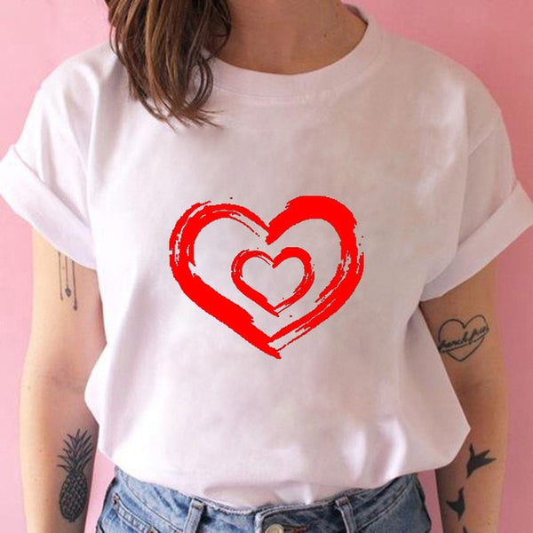 Women T-shirts with Hearts Casual Harajuku Print T-shirts Summer Women Short Sleeve Female T-shirts Vogue Women T-shirts Clothes