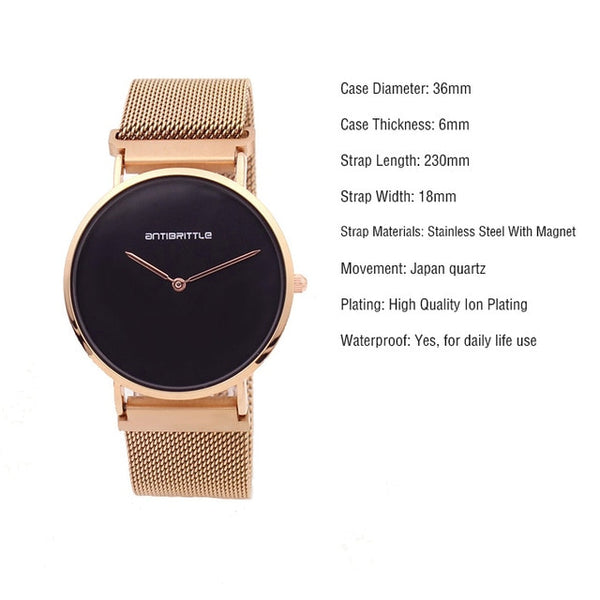 Japan Quartz Fashion Luxury Ultra Thin Man Watch Woman Black Rose Gold Classic Leather Magnet Mesh Stainless Steel Waterproof