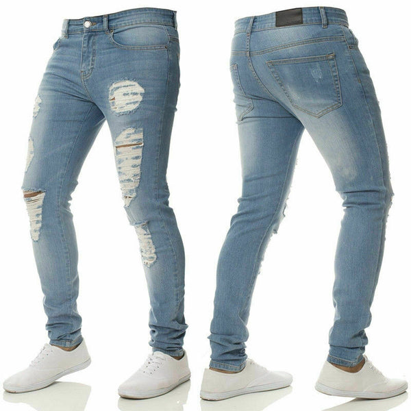 2020 Men Denim Pants Casual Destroyed Frayed Slim Skinny Fit DISTRESSED RIPPED JEANS