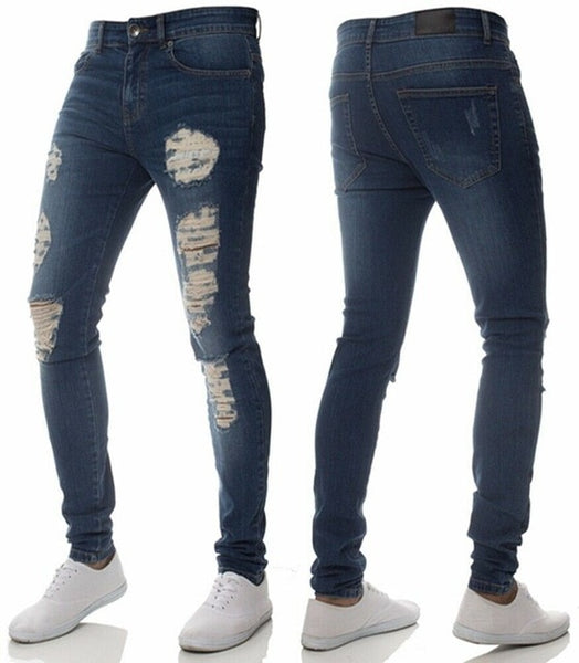 2020 Men Denim Pants Casual Destroyed Frayed Slim Skinny Fit DISTRESSED RIPPED JEANS