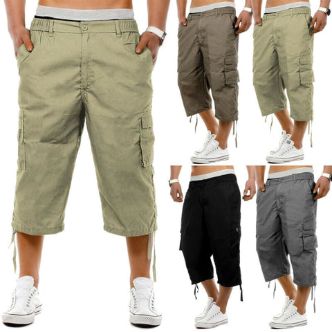 Mens 3/4 Long Length Casual Pants Elasticated Waist Cargo Combat Three Quarter Short Pants