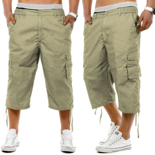 Mens 3/4 Long Length Casual Pants Elasticated Waist Cargo Combat Three Quarter Short Pants