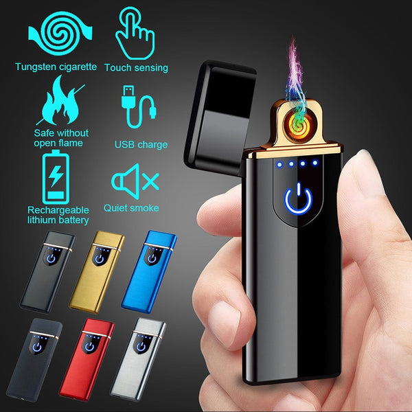 USB Rechargeable Touchscreen Flameless Windproof Lighter With Battery Indicator For Fire Cigarette Candle Grill Camping Men Gift