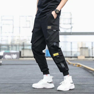 Men&#39;s Side Pockets Cargo Harem Pants 2021 Ribbons Black Hip Hop Casual Male Joggers Trousers Fashion Casual Streetwear Pants