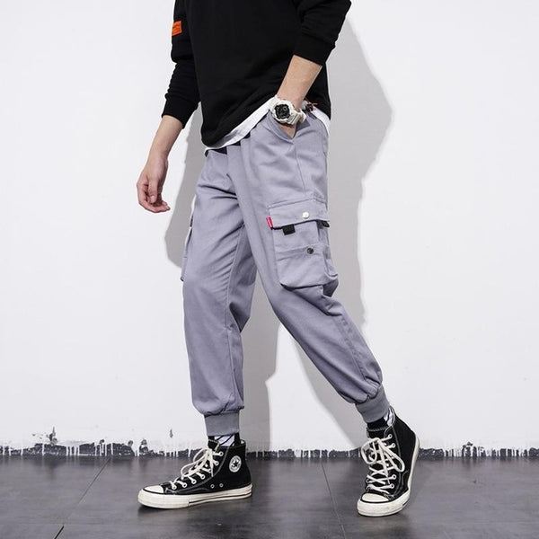 Men&#39;s Side Pockets Cargo Harem Pants 2021 Ribbons Black Hip Hop Casual Male Joggers Trousers Fashion Casual Streetwear Pants