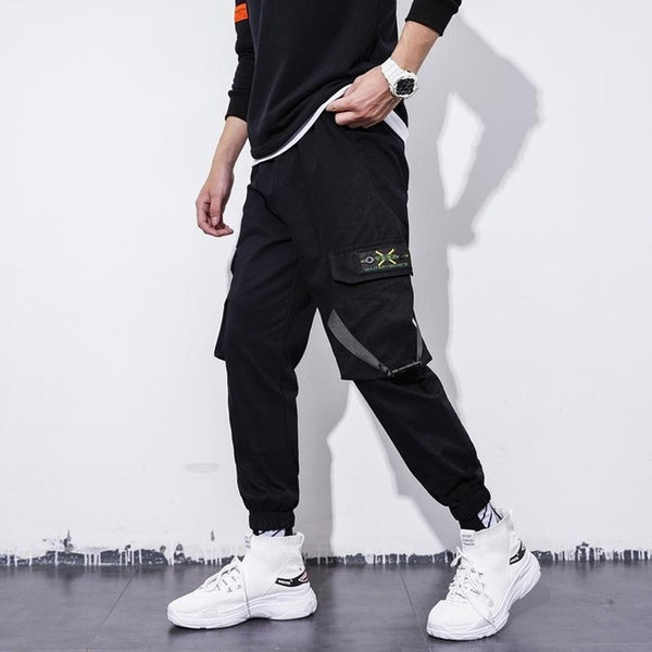 Men&#39;s Side Pockets Cargo Harem Pants 2021 Ribbons Black Hip Hop Casual Male Joggers Trousers Fashion Casual Streetwear Pants