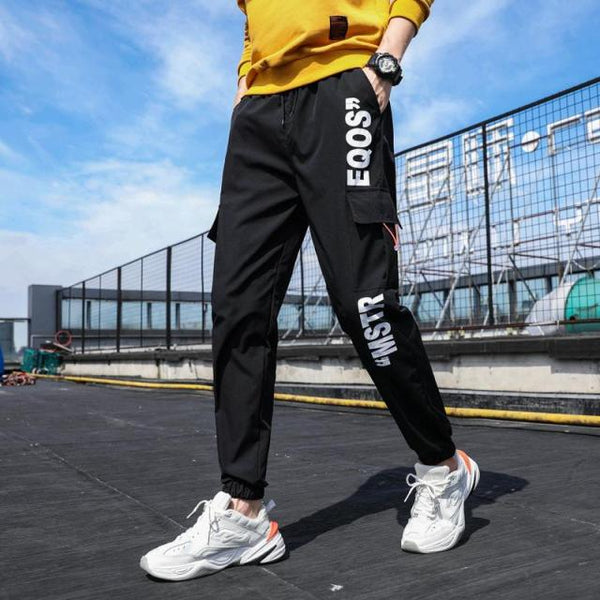 Men&#39;s Side Pockets Cargo Harem Pants 2021 Ribbons Black Hip Hop Casual Male Joggers Trousers Fashion Casual Streetwear Pants