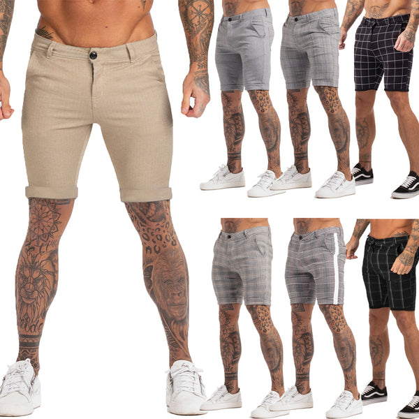 Men&#39;s Shorts Homme Summer Elastic Waist Plaid Short Skinny Fit Fashion Brand Fitness Shorts for Men Casual Stretchy Chinos