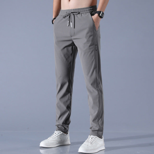 Men&#39;s Ice Silk Trousers Solid Color Mid-Waist Loose Breathable Straight-Leg Casual Pants Thin Quick-Drying Sports Pants