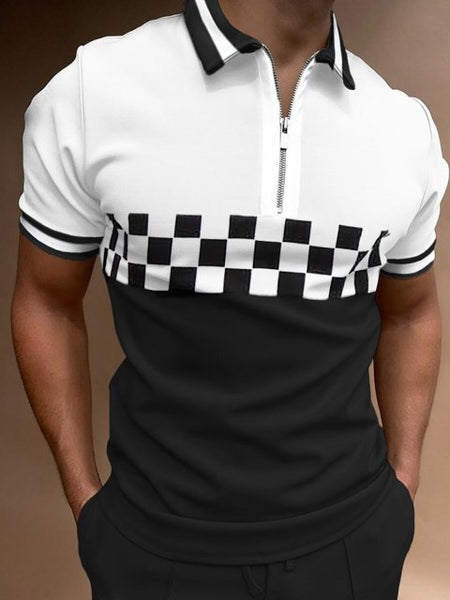 New Summer High Quality Men Polo Shirts High Street Print Casual Short Sleeve Mens Shirts Turn-Down Collar Zipper Polo Shirt Men