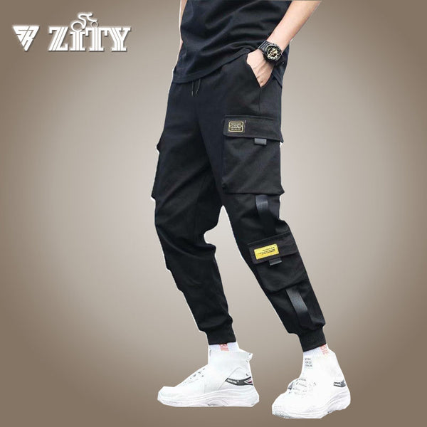 Men&#39;s Side Pockets Cargo Harem Pants 2021 Ribbons Black Hip Hop Casual Male Joggers Trousers Fashion Casual Streetwear Pants