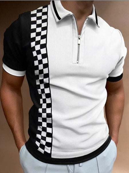 New Summer High Quality Men Polo Shirts High Street Print Casual Short Sleeve Mens Shirts Turn-Down Collar Zipper Polo Shirt Men