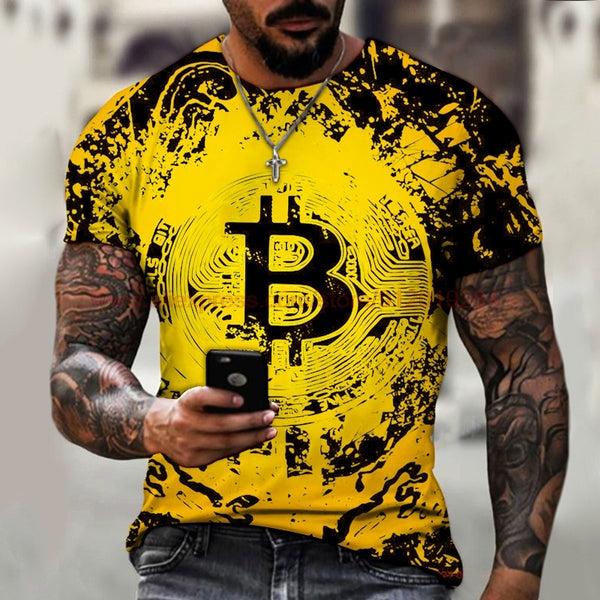 Fashion Round Neck Men's T-Shirt 2022 Summer Casual Short Sleeve 3D Bitcoin Logo Printing Sports Fitness Oversized Loose Top