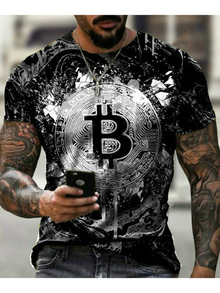 Fashion Round Neck Men's T-Shirt 2022 Summer Casual Short Sleeve 3D Bitcoin Logo Printing Sports Fitness Oversized Loose Top
