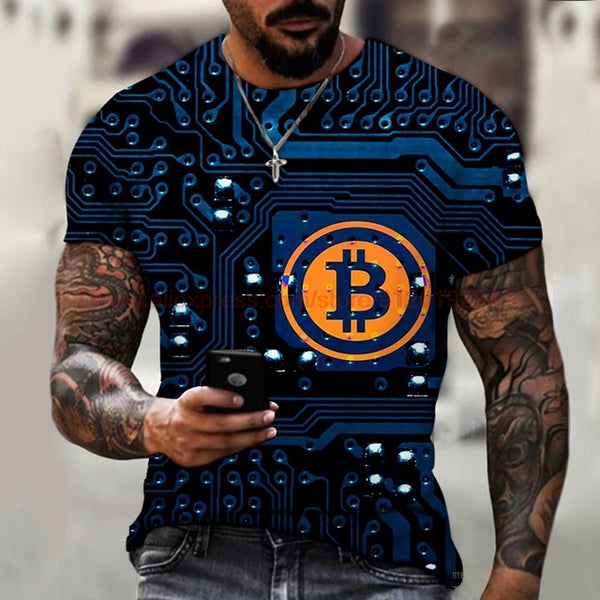 Fashion Round Neck Men's T-Shirt 2022 Summer Casual Short Sleeve 3D Bitcoin Logo Printing Sports Fitness Oversized Loose Top