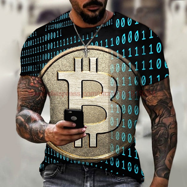 Fashion Round Neck Men's T-Shirt 2022 Summer Casual Short Sleeve 3D Bitcoin Logo Printing Sports Fitness Oversized Loose Top