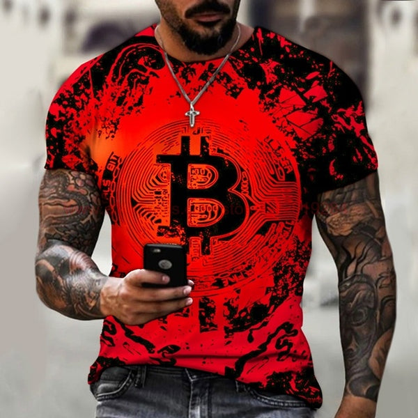 Fashion Round Neck Men's T-Shirt 2022 Summer Casual Short Sleeve 3D Bitcoin Logo Printing Sports Fitness Oversized Loose Top
