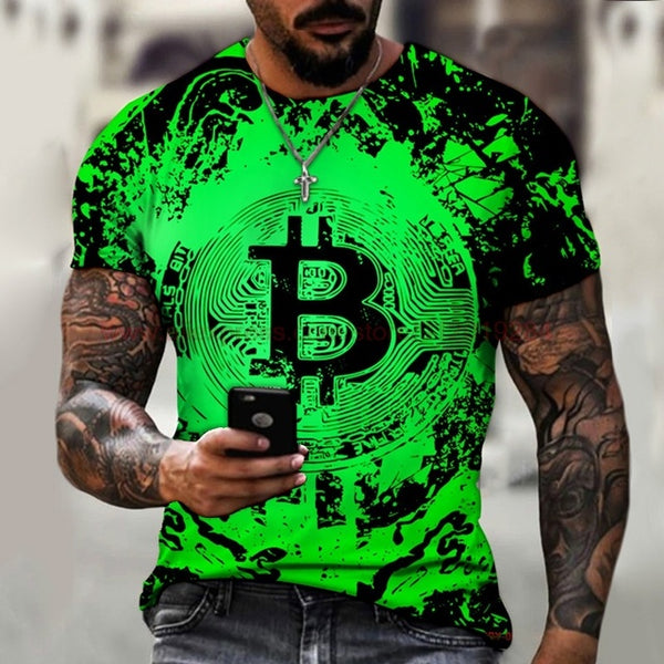 Fashion Round Neck Men's T-Shirt 2022 Summer Casual Short Sleeve 3D Bitcoin Logo Printing Sports Fitness Oversized Loose Top