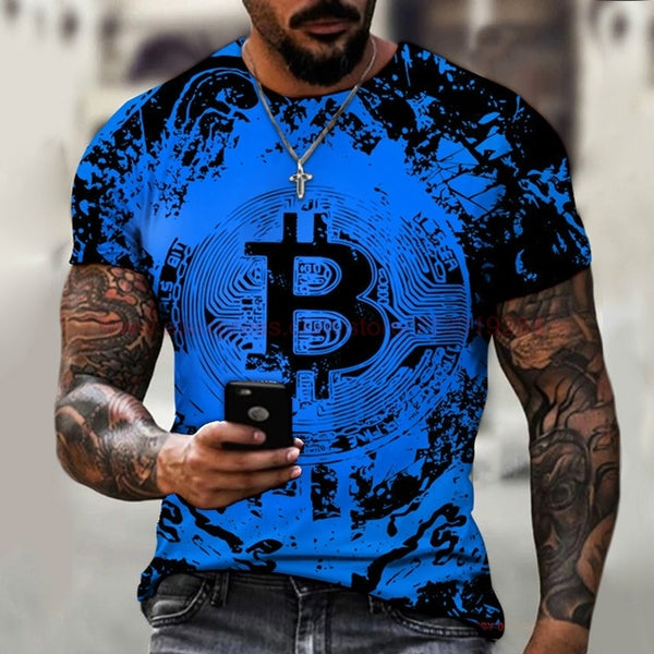 Fashion Round Neck Men's T-Shirt 2022 Summer Casual Short Sleeve 3D Bitcoin Logo Printing Sports Fitness Oversized Loose Top