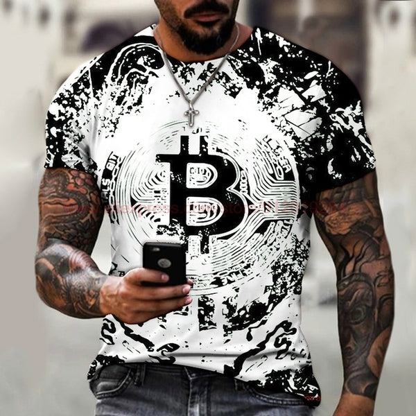 Fashion Round Neck Men's T-Shirt 2022 Summer Casual Short Sleeve 3D Bitcoin Logo Printing Sports Fitness Oversized Loose Top