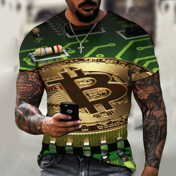 Fashion Round Neck Men's T-Shirt 2022 Summer Casual Short Sleeve 3D Bitcoin Logo Printing Sports Fitness Oversized Loose Top