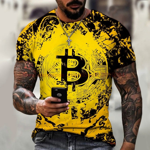 Fashion Round Neck Men's T-Shirt 2022 Summer Casual Short Sleeve 3D Bitcoin Logo Printing Sports Fitness Oversized Loose Top